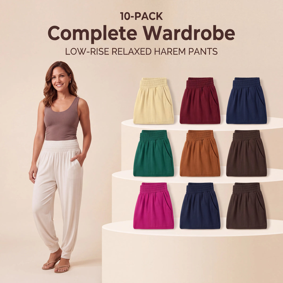 Complete Wardrobe - Soft Ivory, Buttercream, Deep Burgundy, Midnight Navy, Emerald Green, Caramel Brown, Dark Chocolate, Vibrant Fuchsia, plus an extra Midnight Navy and Dark Chocolate Mihara Pants