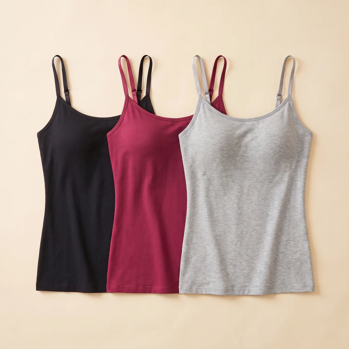 Kischt Aurelle built-in bra tank top 3-pack: The Evening Trio in Noir black, Cerise burgundy and Mist grey
