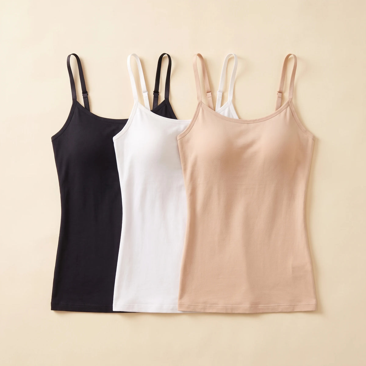 Kischt Aurelle built-in bra tank top 3-pack: The Everyday Trio in Noir black, Cloud white and Crème beige