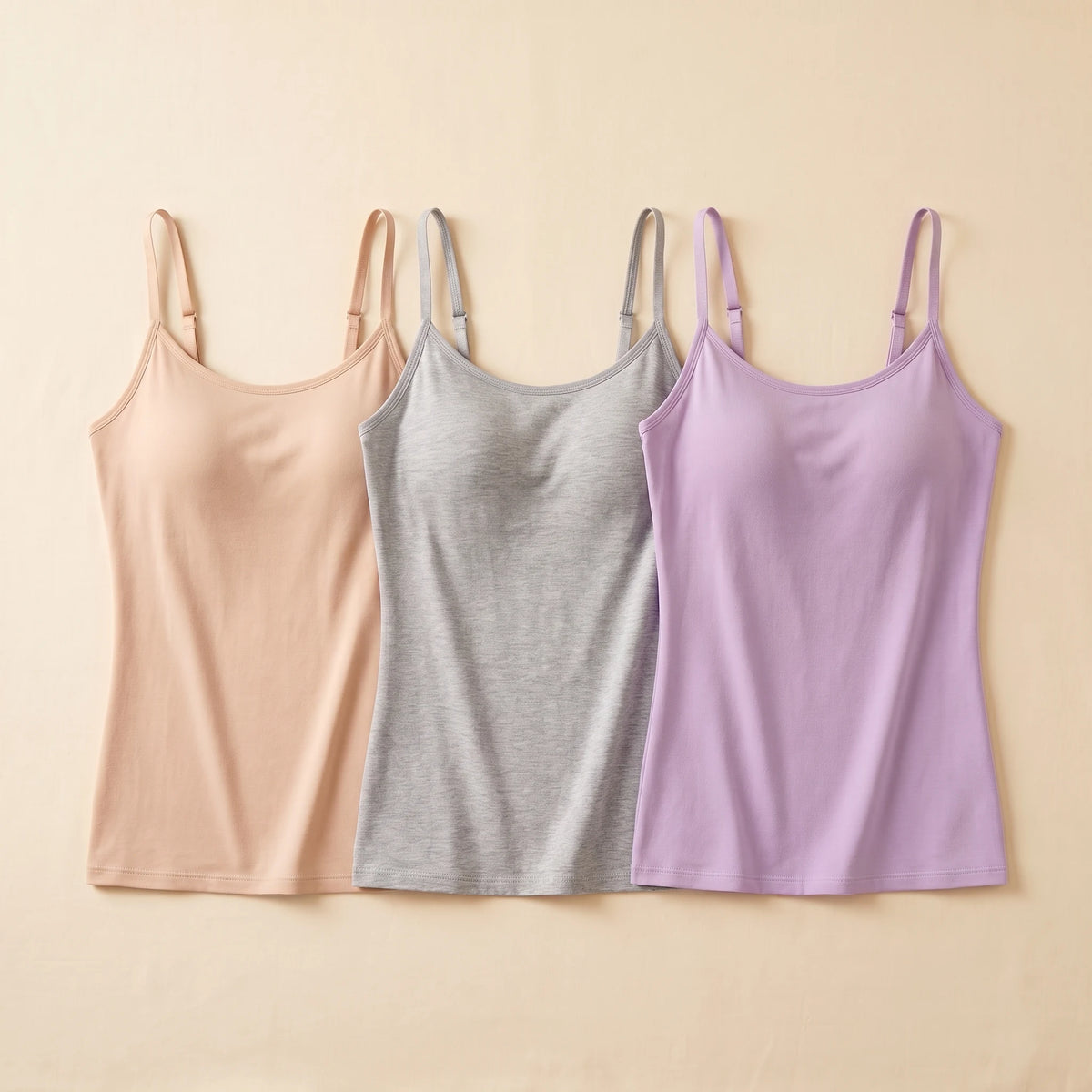 Kischt Aurelle built-in bra tank top 3-pack: The Soft Trio in Crème beige, Mist grey and Lilac lavender