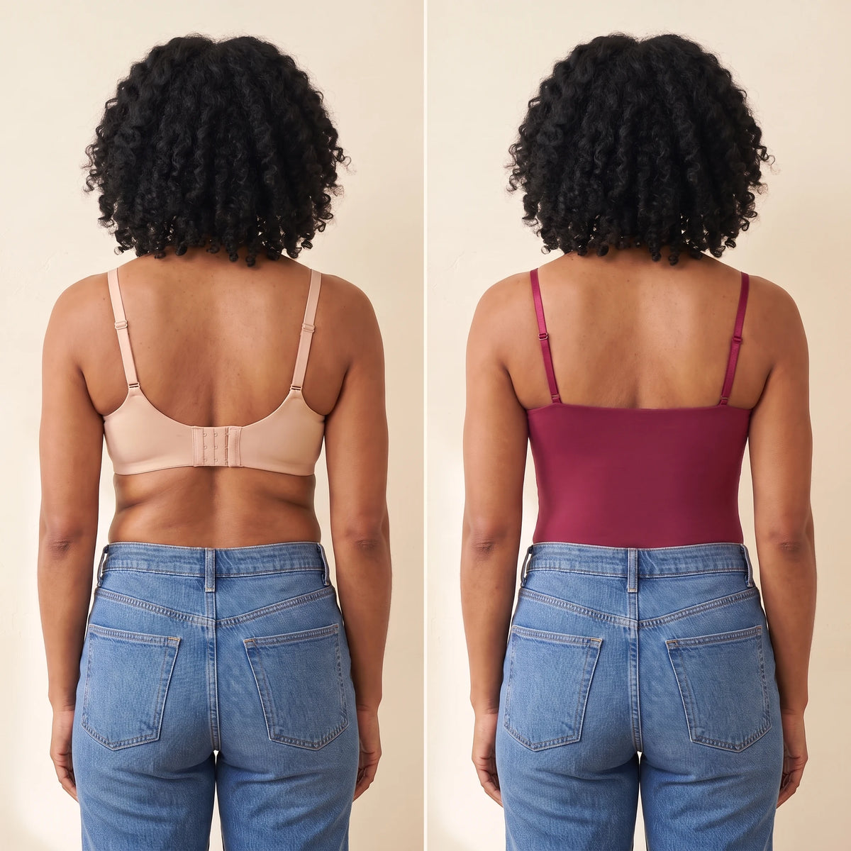 Back view comparison: a regular bra with back band and hooks next to the smooth Cerise burgundy Kischt Aurelle built-in bra tank top