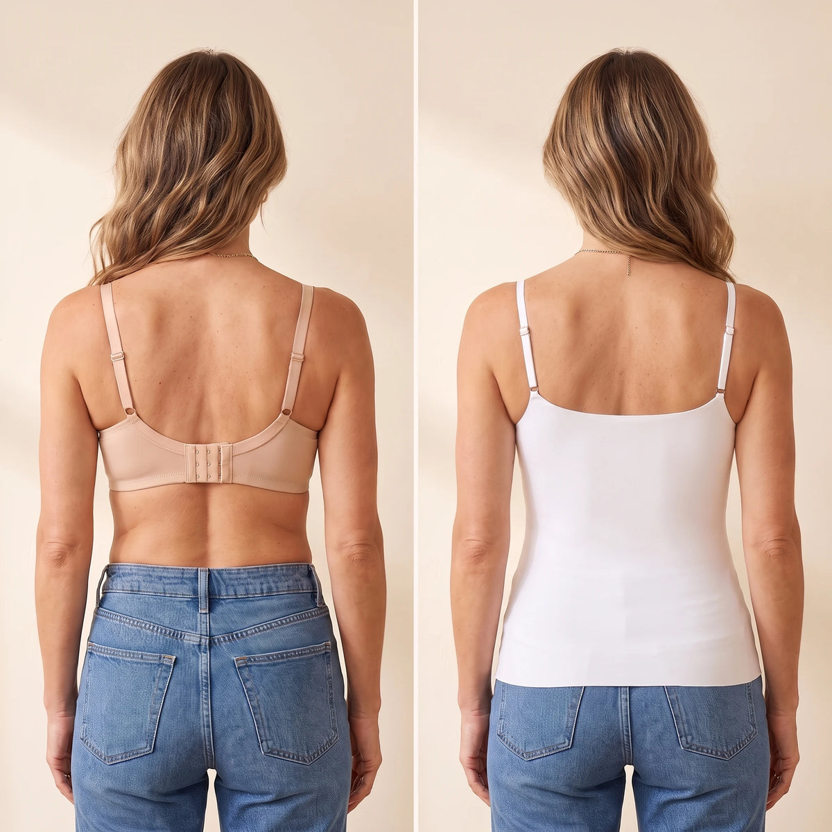 Back view comparison: a regular bra with back band and hooks next to the smooth Cloud white Kischt Aurelle built-in bra tank top