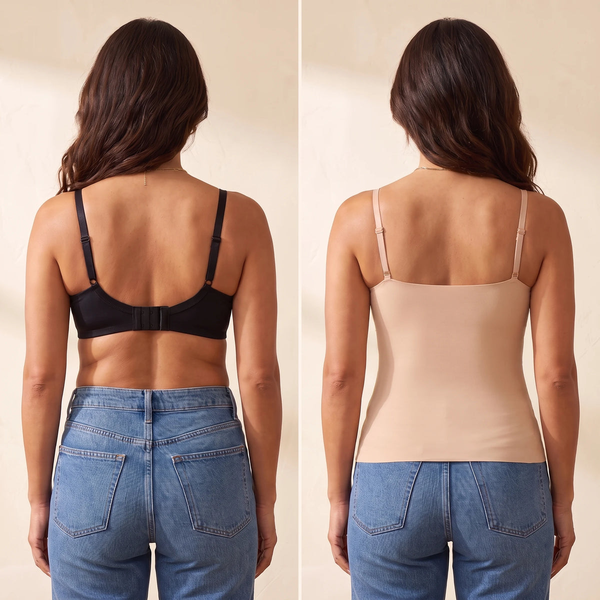 Back view comparison: a regular bra with back band and hooks next to the smooth Crème beige Kischt Aurelle built-in bra tank top