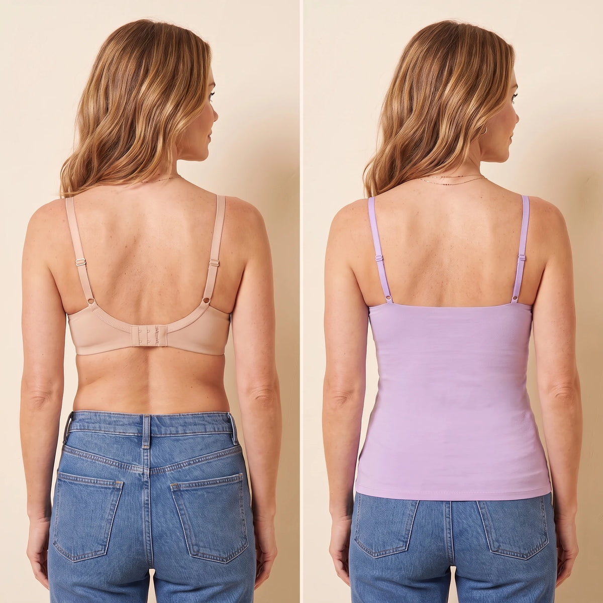 Back view comparison: a regular bra with back band and hooks next to the smooth Lilac lavender Kischt Aurelle built-in bra tank top