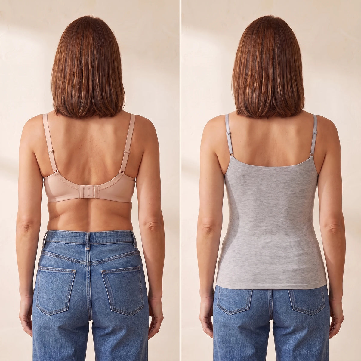 Back view comparison: a regular bra with back band and hooks next to the smooth Mist heather grey Kischt Aurelle built-in bra tank top