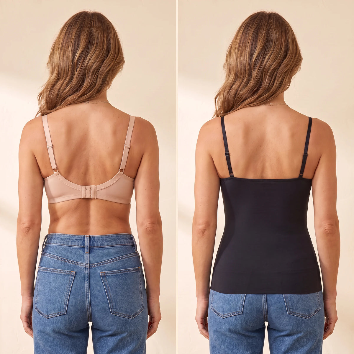 Back view comparison: a regular bra with back band and hooks next to the smooth Noir black Kischt Aurelle built-in bra tank top