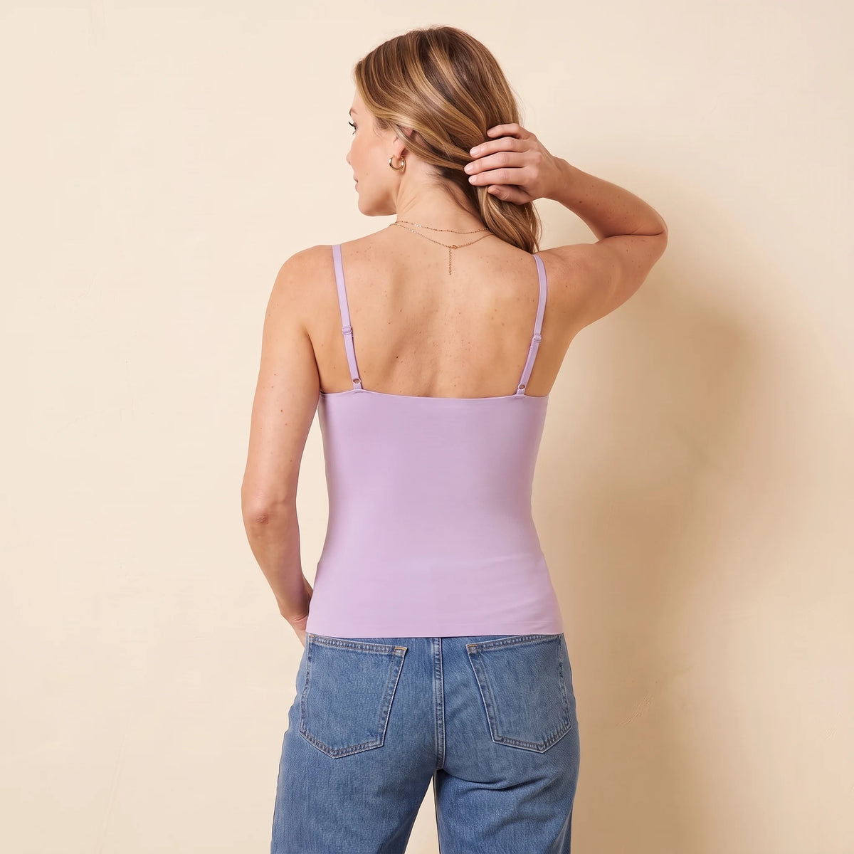 Back view of the Lilac lavender Kischt Aurelle tank top with thin adjustable straps and a smooth back with no bra lines
