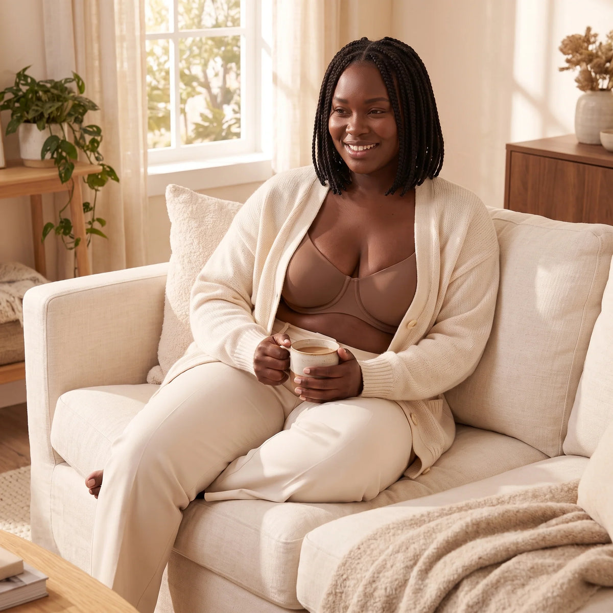 Woman relaxing on a cream sofa with a mug in an open cardigan over the Mocha brown Kischt Camille balconette bra