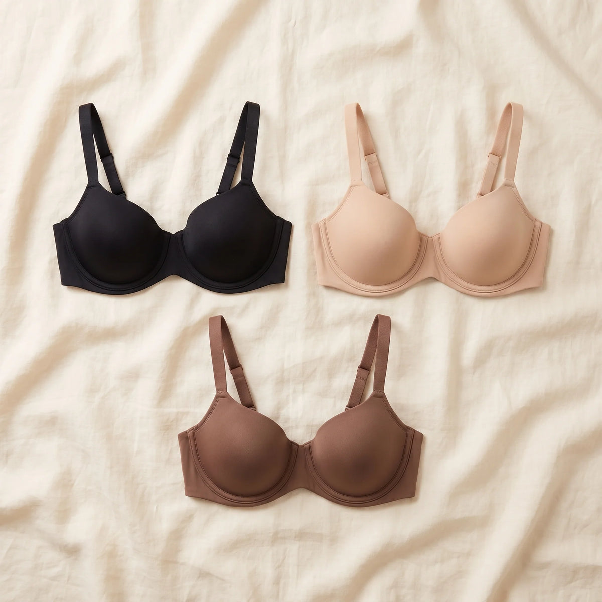 Kischt Camille unlined balconette bra 3-pack: The Essentials Trio in Noir black, Crème nude and Mocha brown