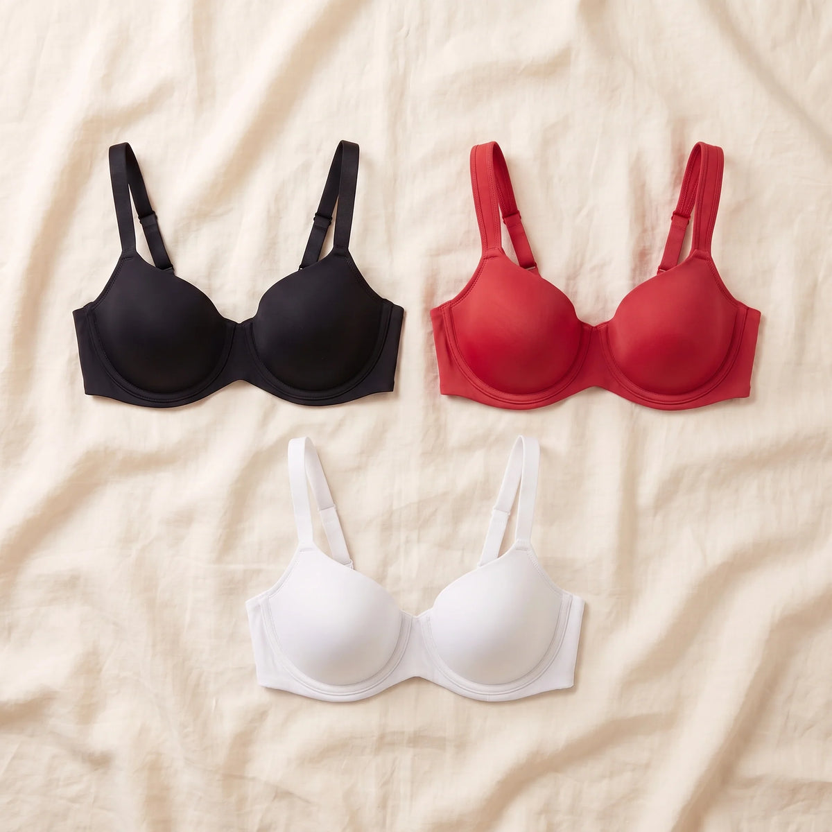 Kischt Camille unlined balconette bra 3-pack: The Signature Trio in Noir black, Cerise red and Blanc white