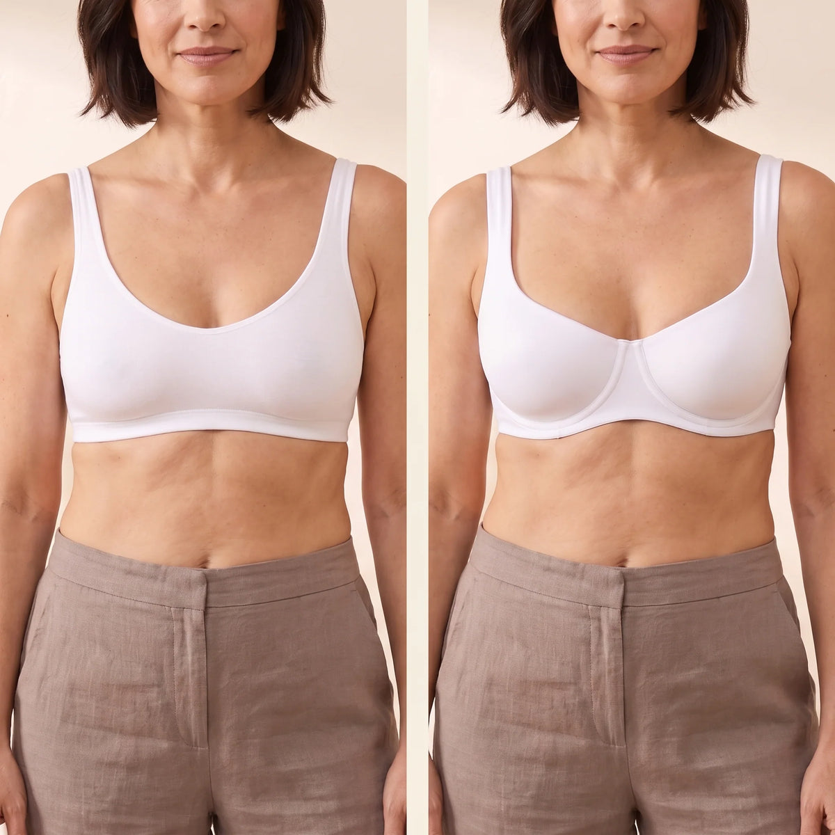 Side-by-side comparison: a wireless bralette next to the Blanc white Kischt Camille unlined balconette underwire bra lifting from underneath