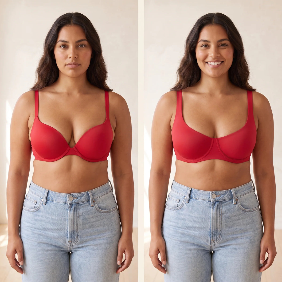 Side-by-side comparison: a padded push-up bra squashing the bust together next to the Cerise red Kischt Camille unpadded balconette bra