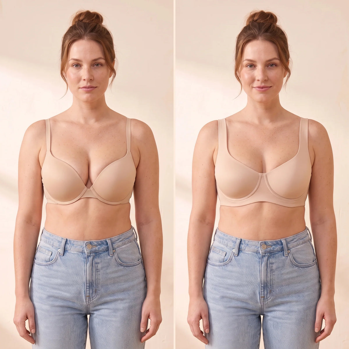 Side-by-side comparison: a padded push-up bra next to the Crème nude Kischt Camille unpadded balconette bra with a natural rounded shape