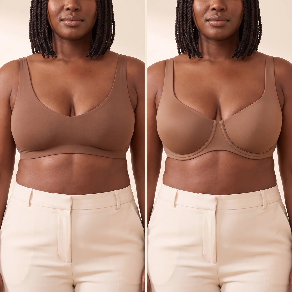 Side-by-side comparison: a wireless bralette with no separation next to the Mocha brown Kischt Camille unlined balconette underwire bra