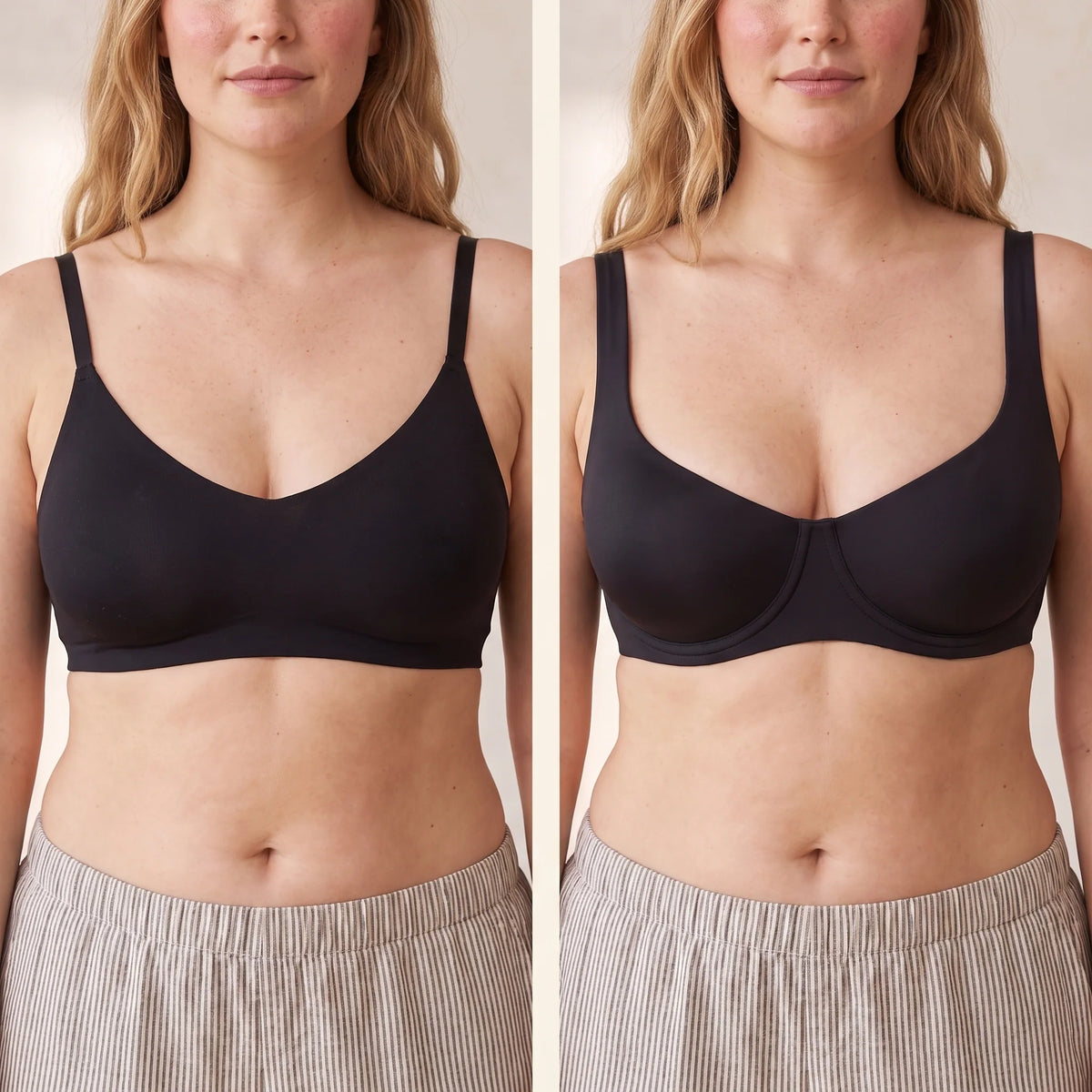 Side-by-side comparison: a wireless bra with no lift next to the Noir black Kischt Camille unlined balconette underwire bra lifting and separating