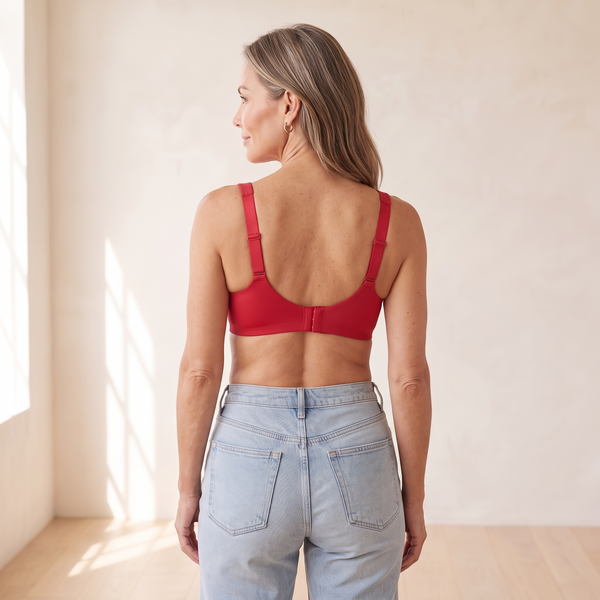 Back view of the Cerise red Kischt Camille balconette bra with wide-set straps and a smooth hook-and-eye back band