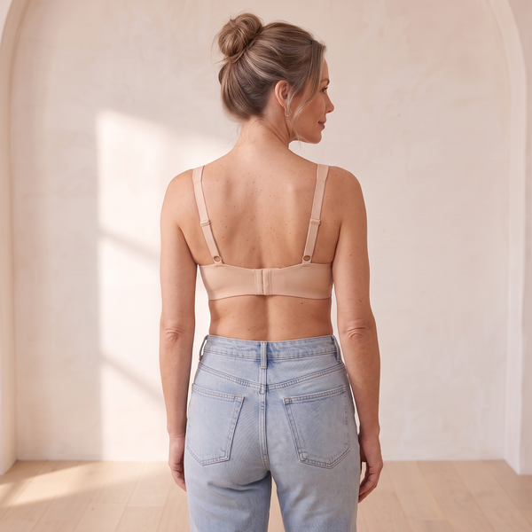 Back view of the Crème nude beige Kischt Camille balconette bra with wide-set straps and a smooth hook-and-eye back band