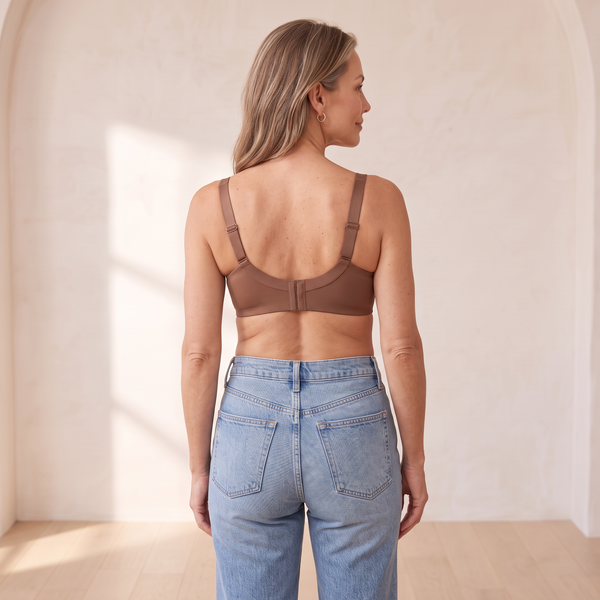 Back view of the Mocha brown Kischt Camille balconette bra with wide-set straps and a smooth hook-and-eye back band
