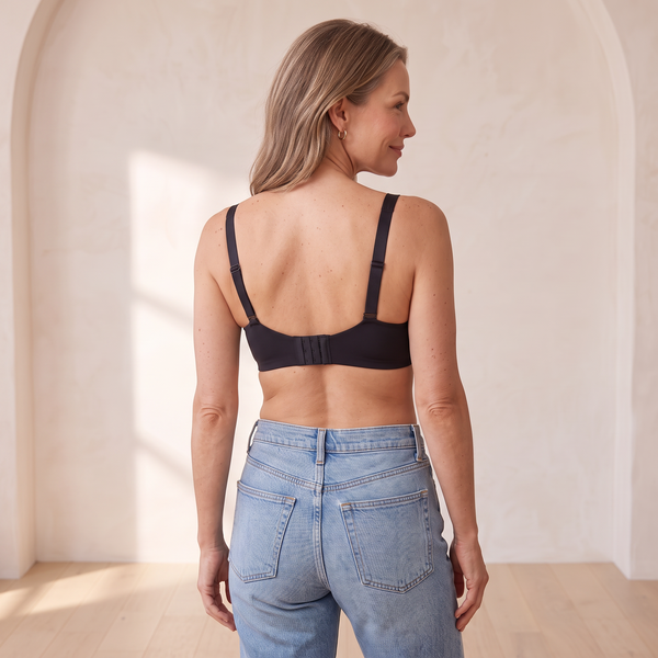 Back view of the Noir black Kischt Camille balconette bra with wide-set straps and a smooth hook-and-eye back band