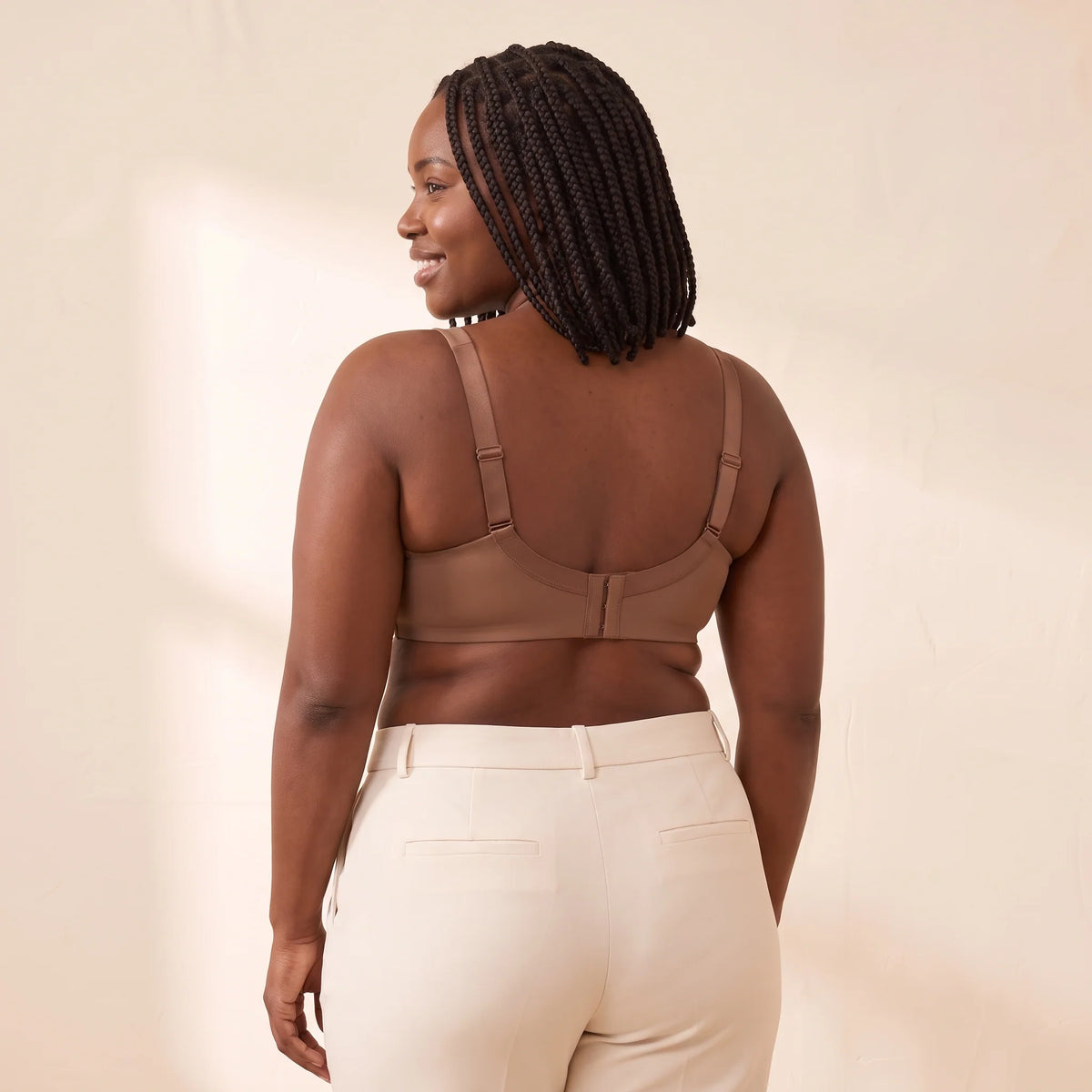 Back view of the Mocha brown Kischt Camille balconette bra with adjustable straps and a smooth hook-and-eye back band