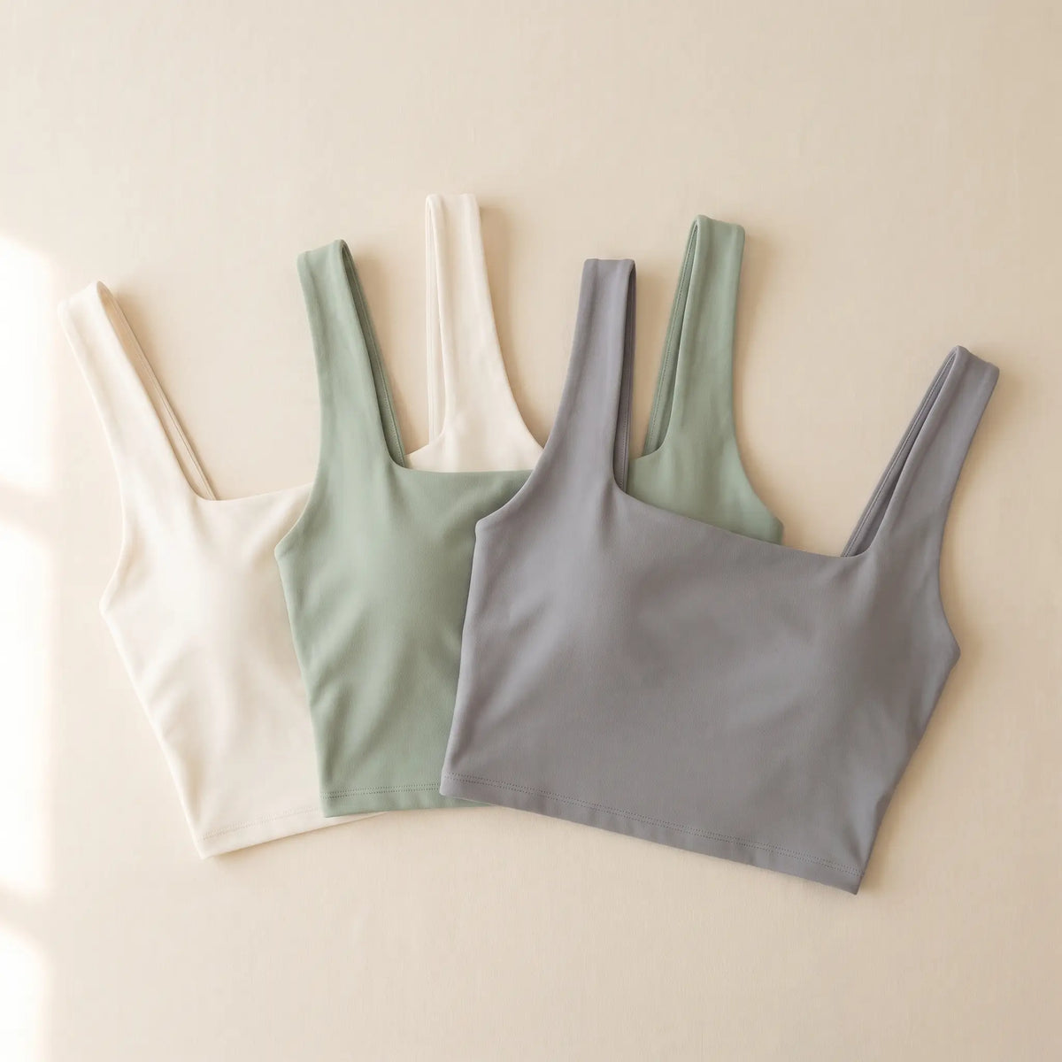 Kischt Elodie square neck built-in bra crop tank top 3-pack: The Fresh Trio in Ivoire ivory, Sauge sage green, Gris grey