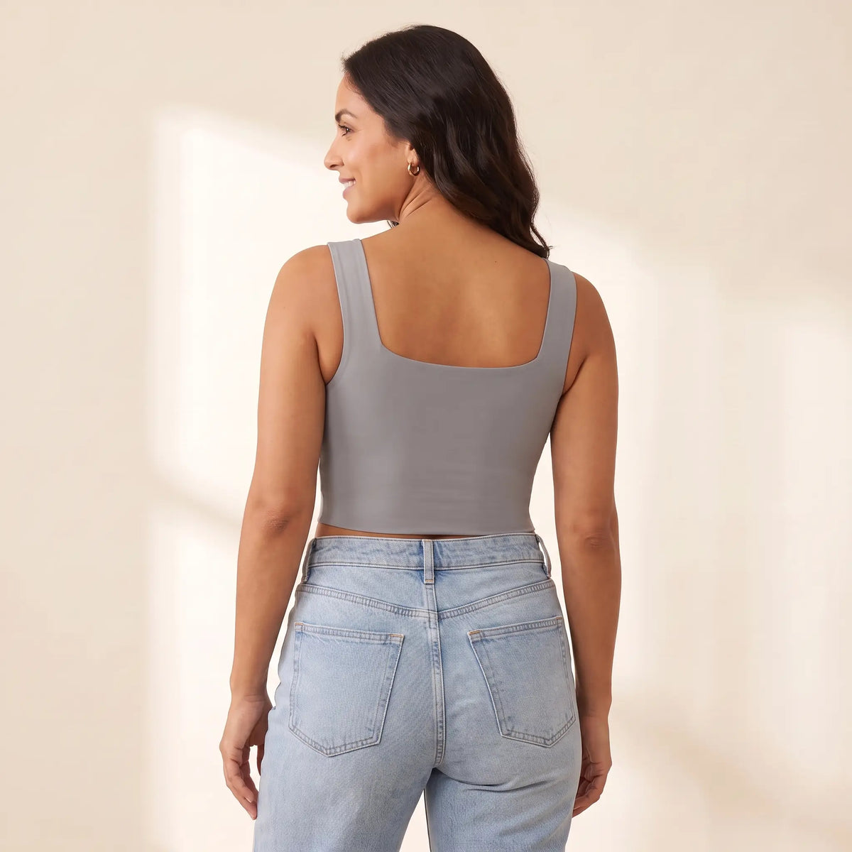 Back view of the Gris grey Kischt Elodie square neck crop tank with wide straps and a smooth back with no bra lines