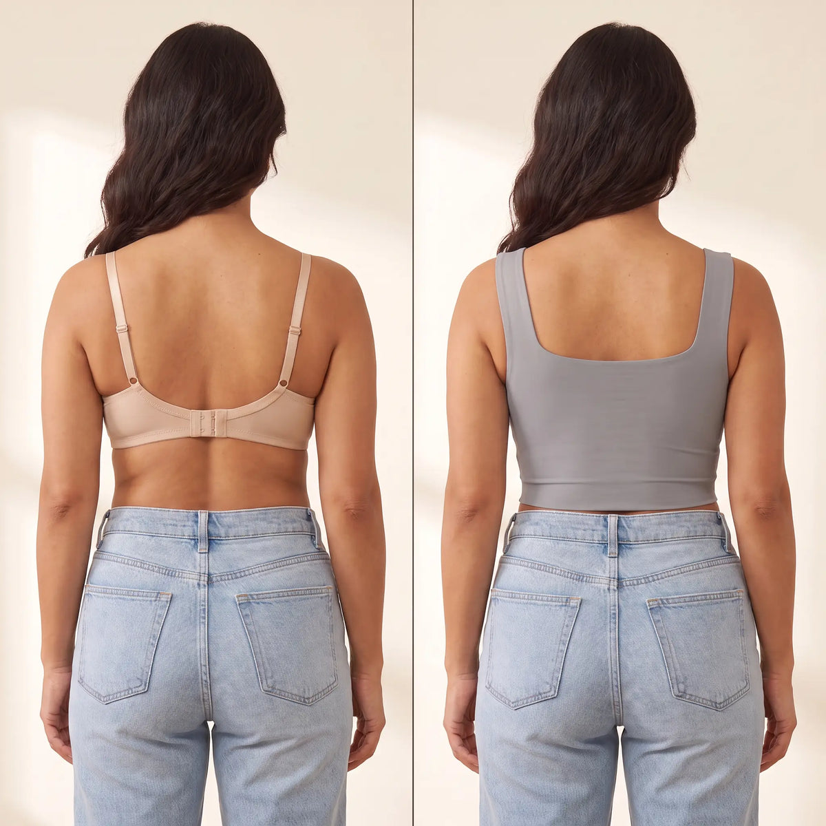 Back view comparison: a regular bra with a band and hooks next to the smooth back of the Gris grey Kischt Elodie crop tank with no bra lines