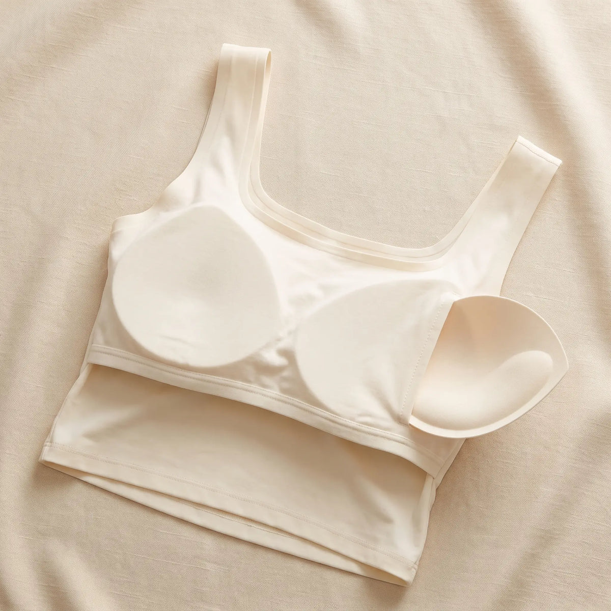 Inside of the Ivoire ivory Kischt Elodie crop tank: a built-in bra lining with soft removable pads, no underwire