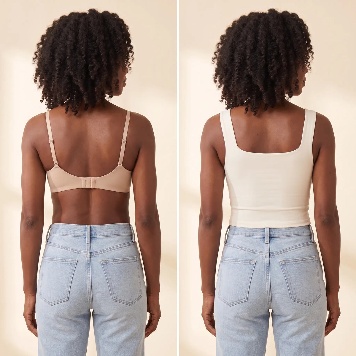 Back view comparison: a regular bra with a band and hooks next to the smooth back of the Ivoire ivory Kischt Elodie crop tank with no bra lines
