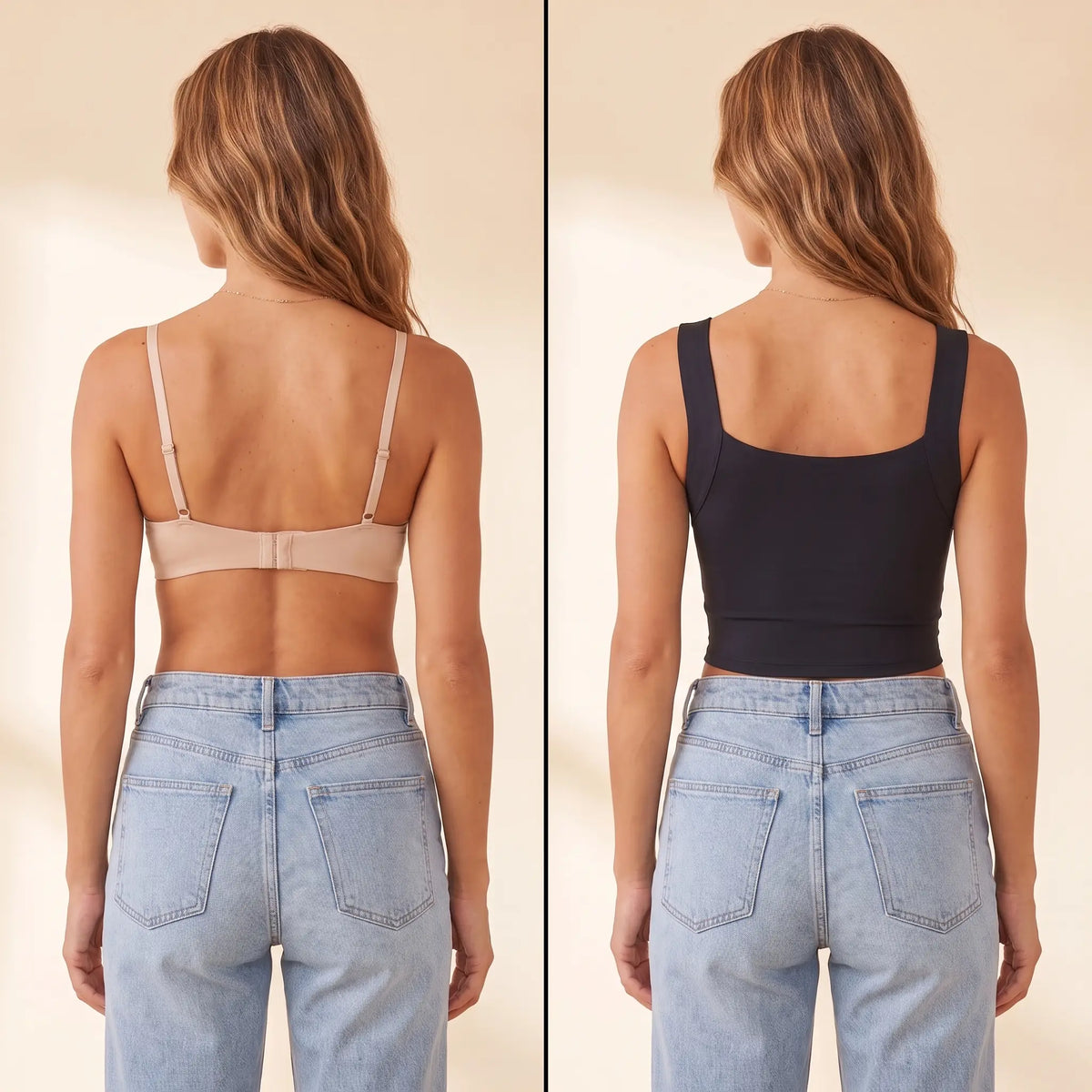 Back view comparison: a regular bra with a band and hooks next to the smooth back of the Noir black Kischt Elodie crop tank with no bra lines