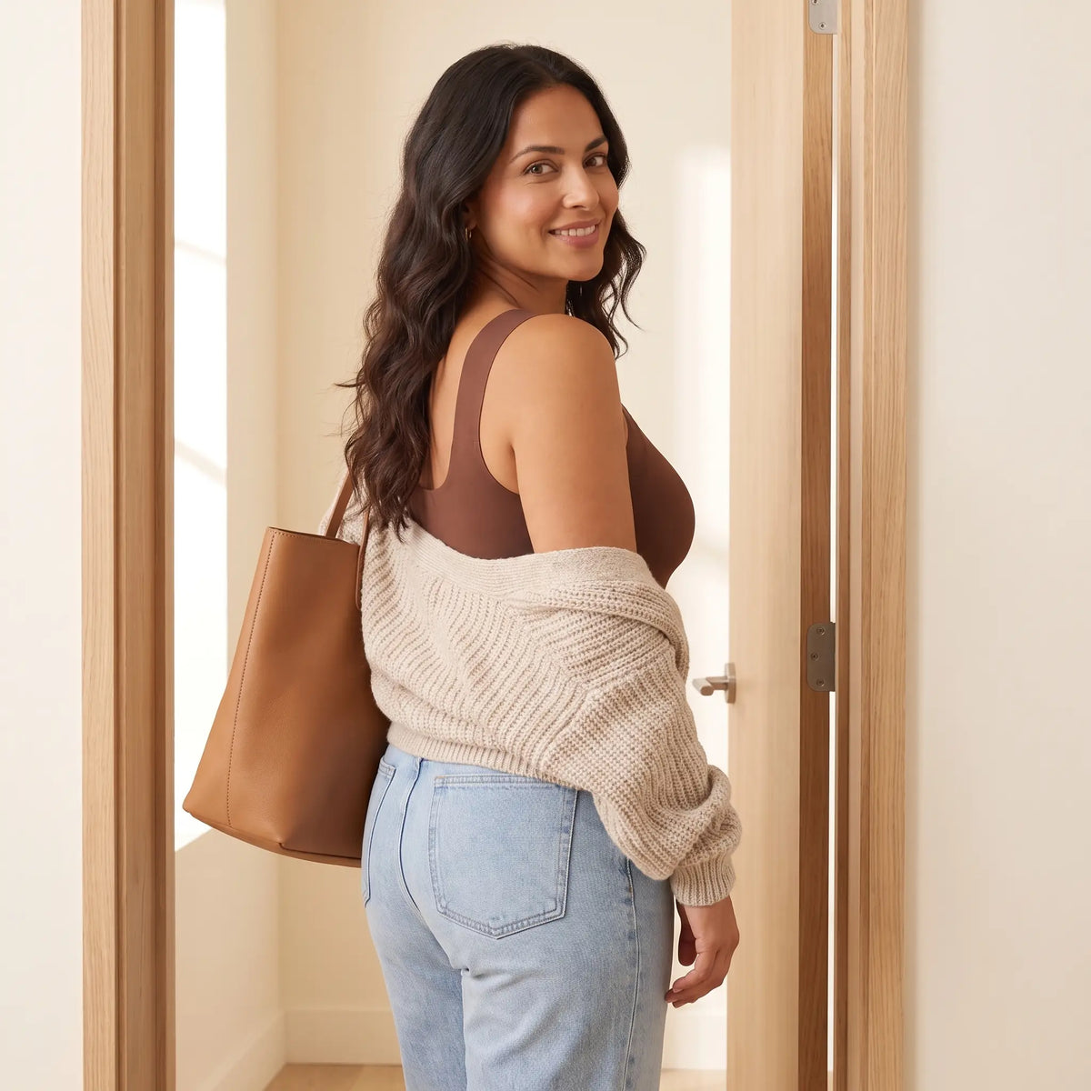 Woman heading out in the Mocha brown Kischt Estelle tank top under an oatmeal cardigan with jeans and a tote bag