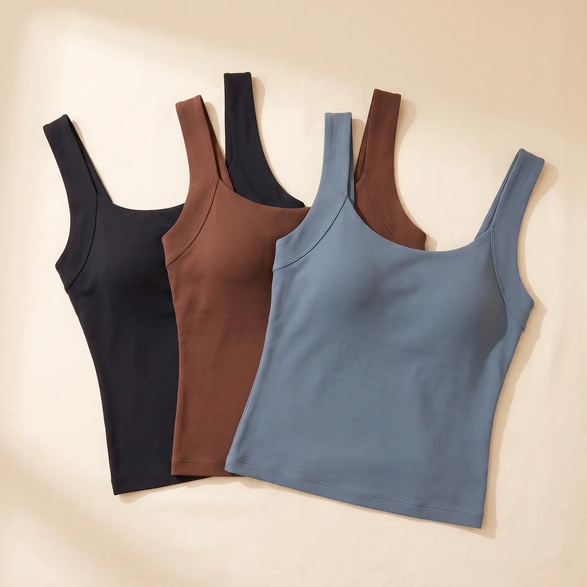 Kischt Estelle seamless built-in bra tank top 3-pack: The Evening Trio in Noir black, Mocha brown, Slate blue-grey