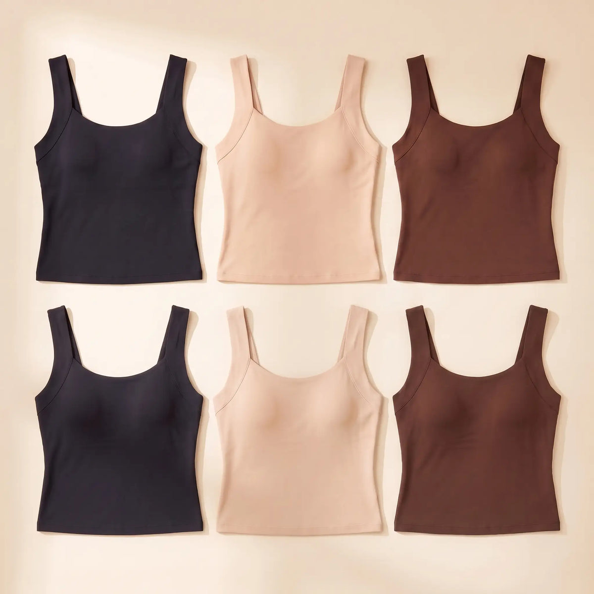 Kischt Estelle seamless built-in bra tank top 6-pack: The Essentials Six in Noir black, Crème beige, Mocha brown