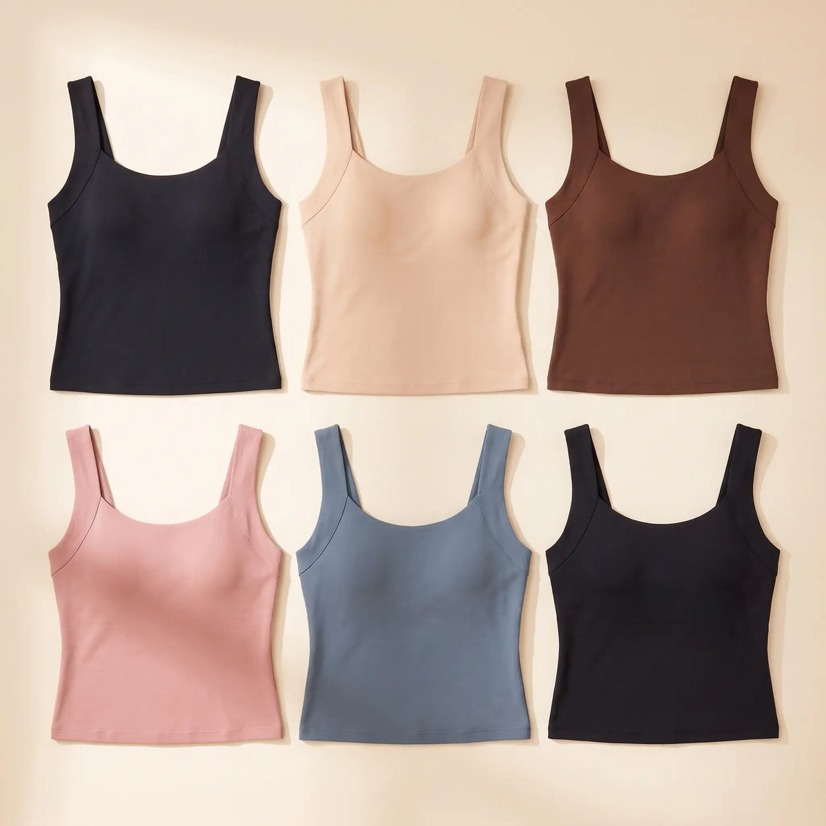 Kischt Estelle seamless built-in bra tank top 6-pack: The Full Wardrobe in Noir black, Crème beige, Mocha brown, Rosé dusty pink, Slate blue-grey