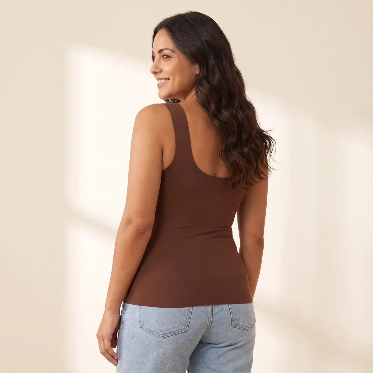 Back view of the Mocha brown Kischt Estelle tank top with wide straps and a smooth scoop back with no bra lines
