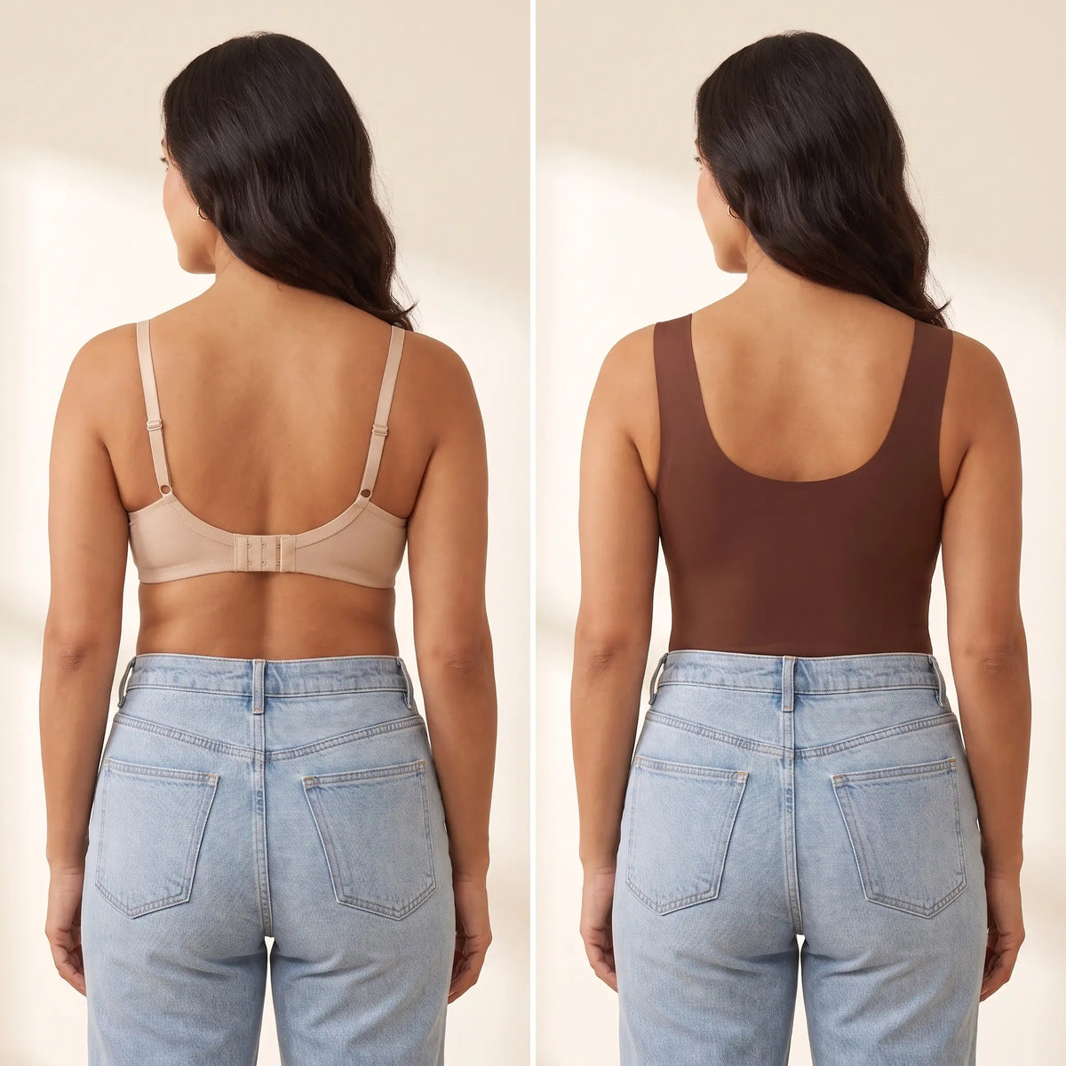 Back view comparison: a regular bra with a band and hooks next to the smooth back of the Mocha brown Kischt Estelle tank top with no bra lines