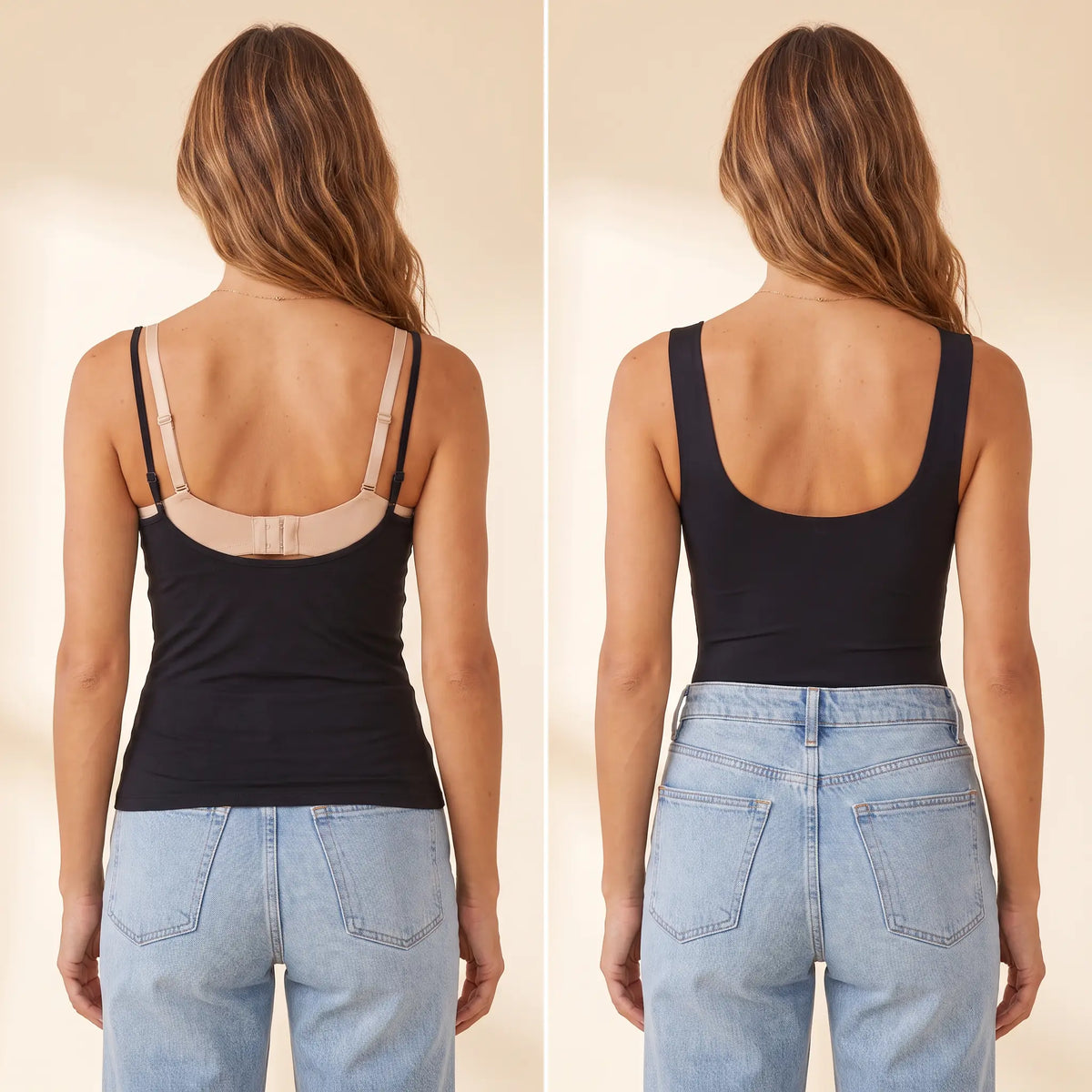 Back view comparison: a regular bra with a band and hooks next to the smooth back of the Noir black Kischt Estelle tank top with no bra lines