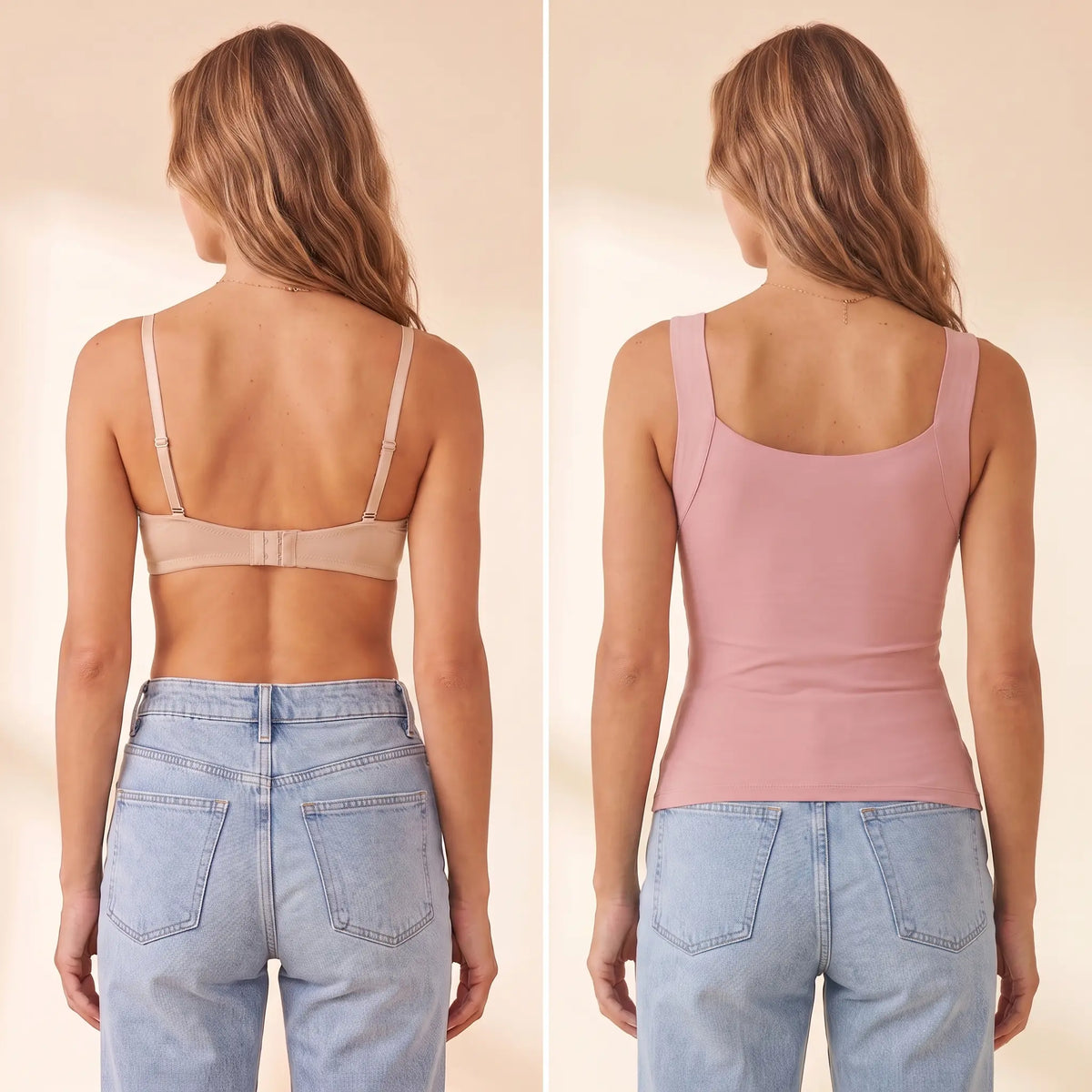 Back view comparison: a regular bra with a band and hooks next to the smooth back of the Rosé dusty pink Kischt Estelle tank top with no bra lines