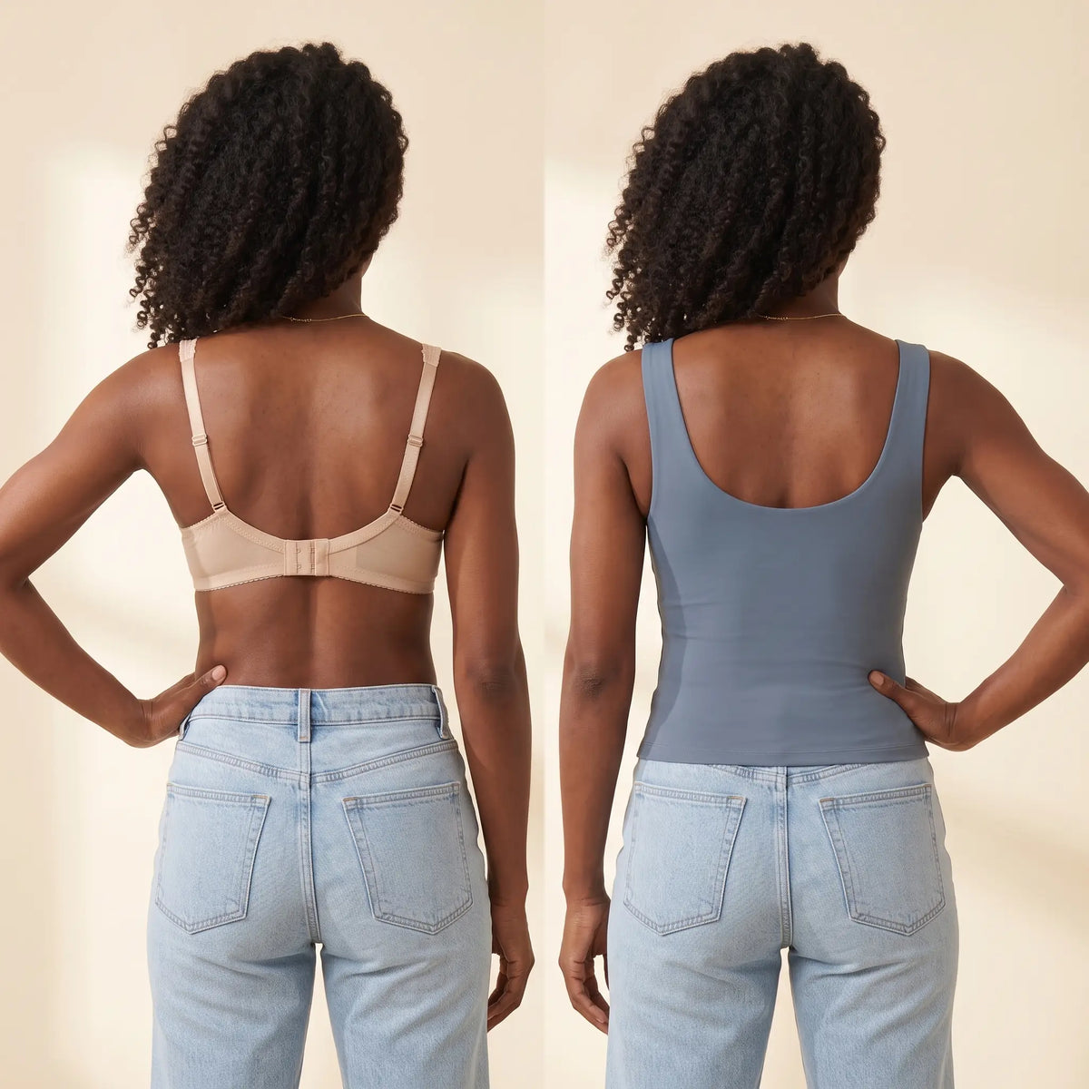 Back view comparison: a regular bra with a band and hooks next to the smooth back of the Slate blue-grey Kischt Estelle tank top with no bra lines