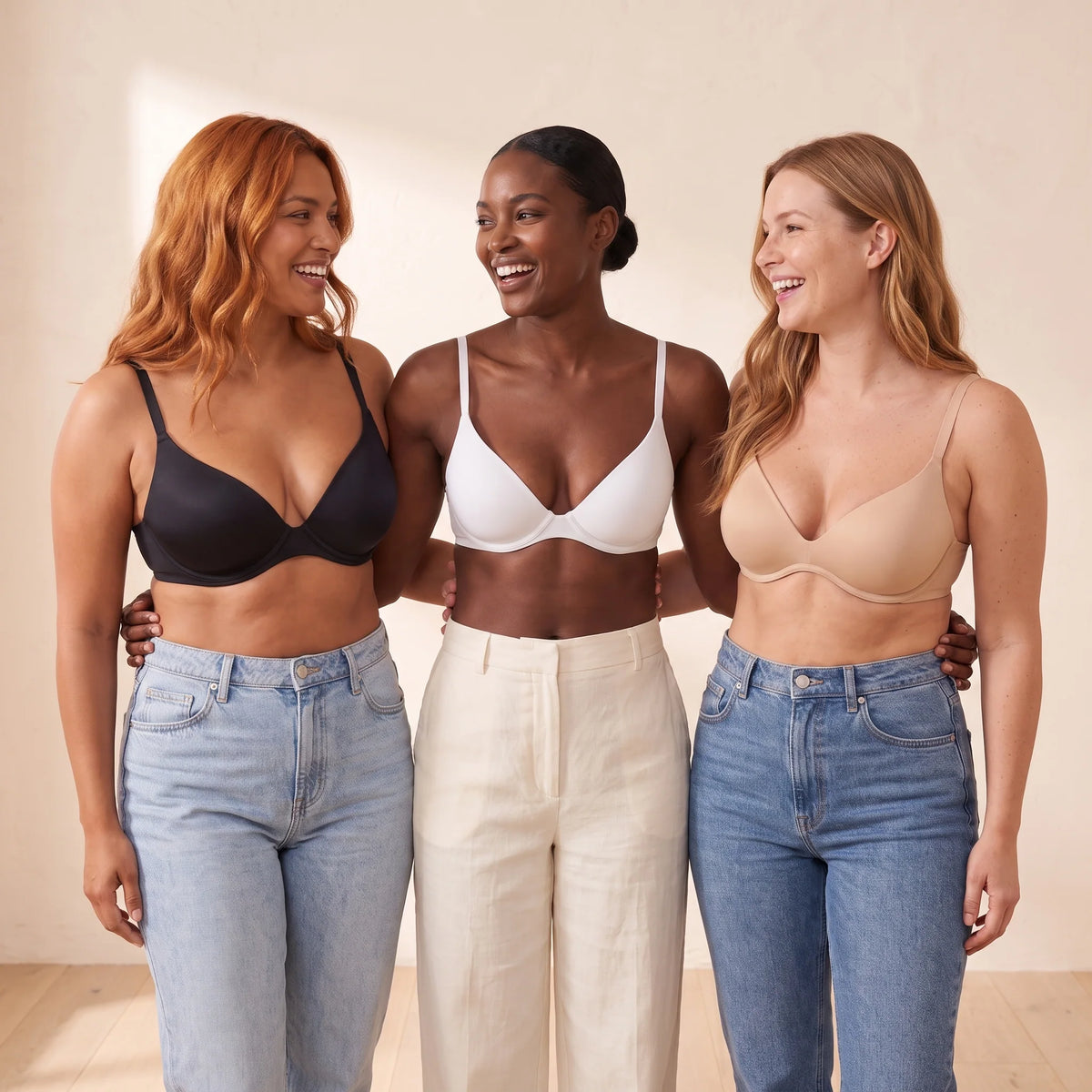 Three women wearing Kischt Juliette unlined plunge underwire bras in Noir black, Blanc white and Crème nude