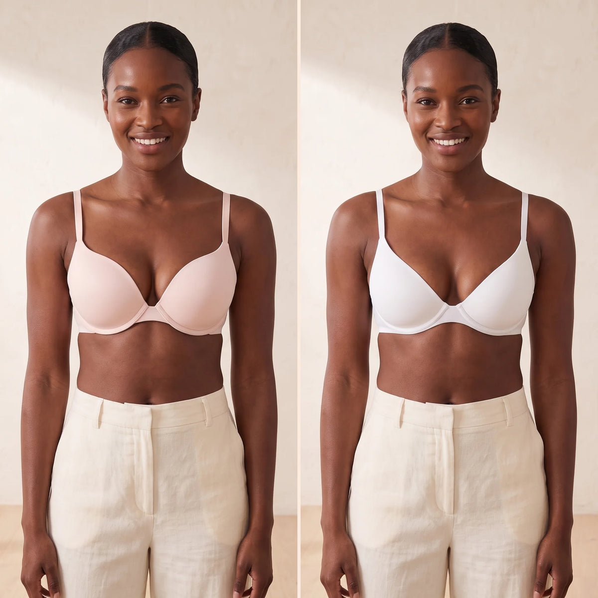 Side-by-side comparison: a stiff padded push-up bra next to the Blanc white Kischt Juliette unlined plunge bra with a natural lifted shape