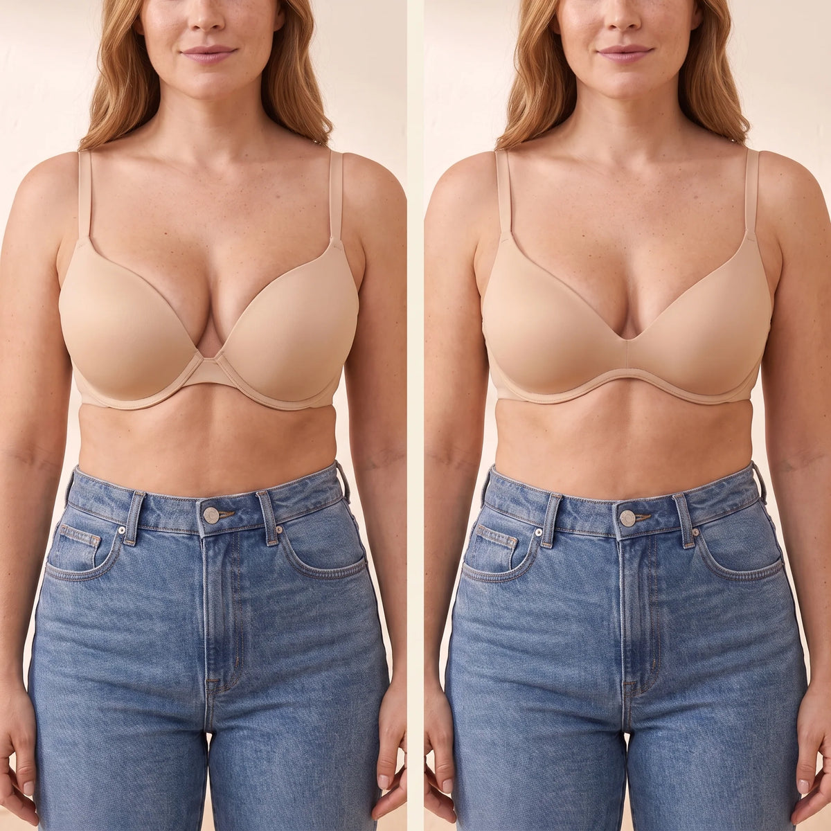 Side-by-side comparison: a thick padded push-up bra next to the Crème nude Kischt Juliette unlined plunge bra with a natural lifted shape
