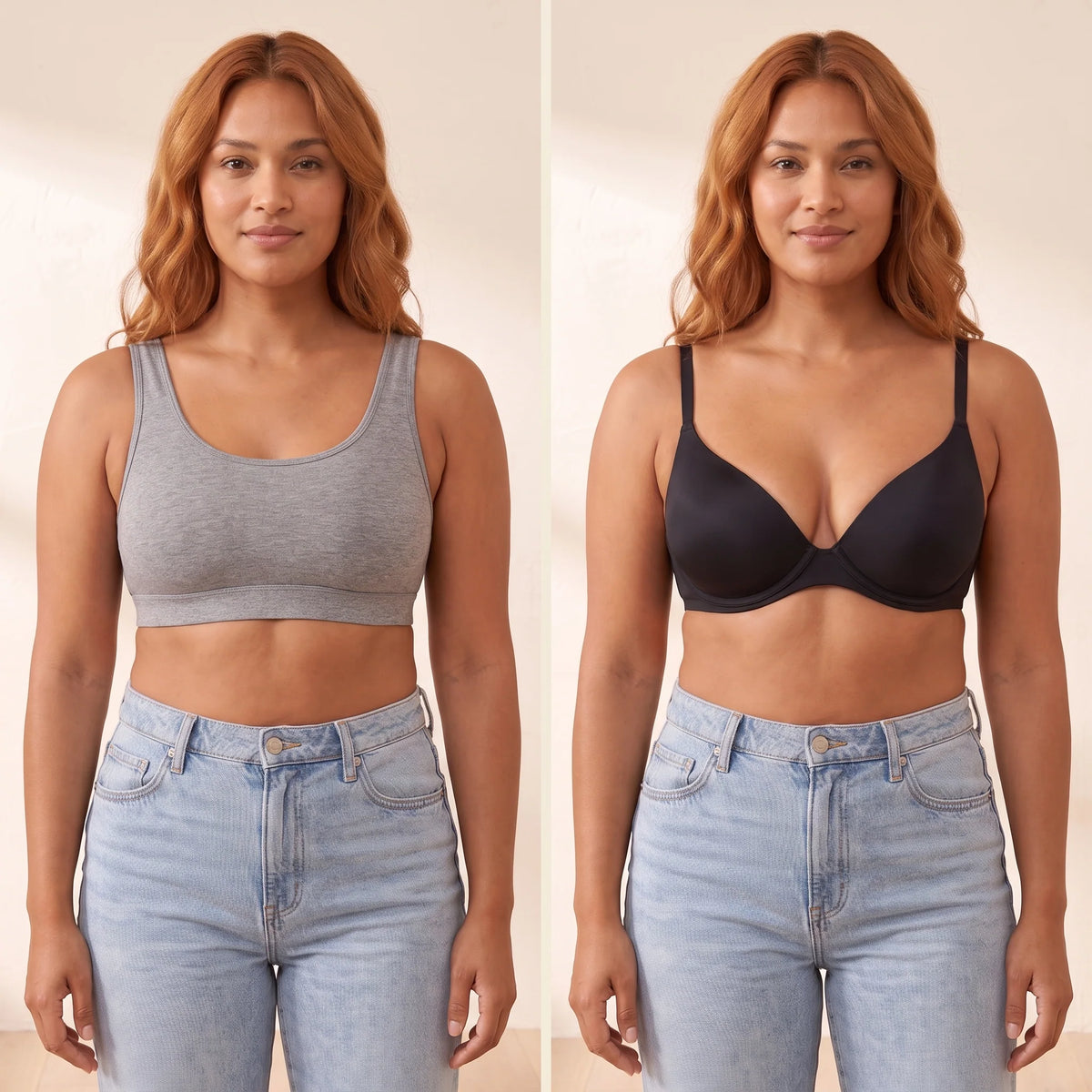 Side-by-side comparison: a grey pull-on sports bra next to the Noir black Kischt Juliette unlined plunge bra, which lifts and separates