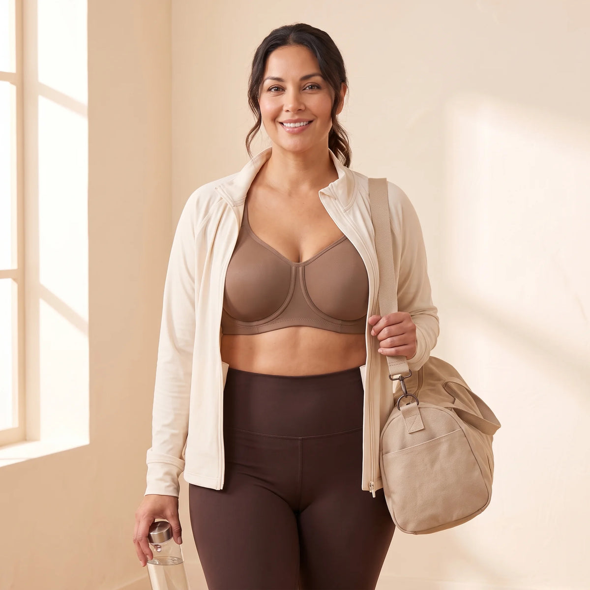 Woman leaving the gym in the Mocha brown Kischt Léonie sports bra under an open cream jacket