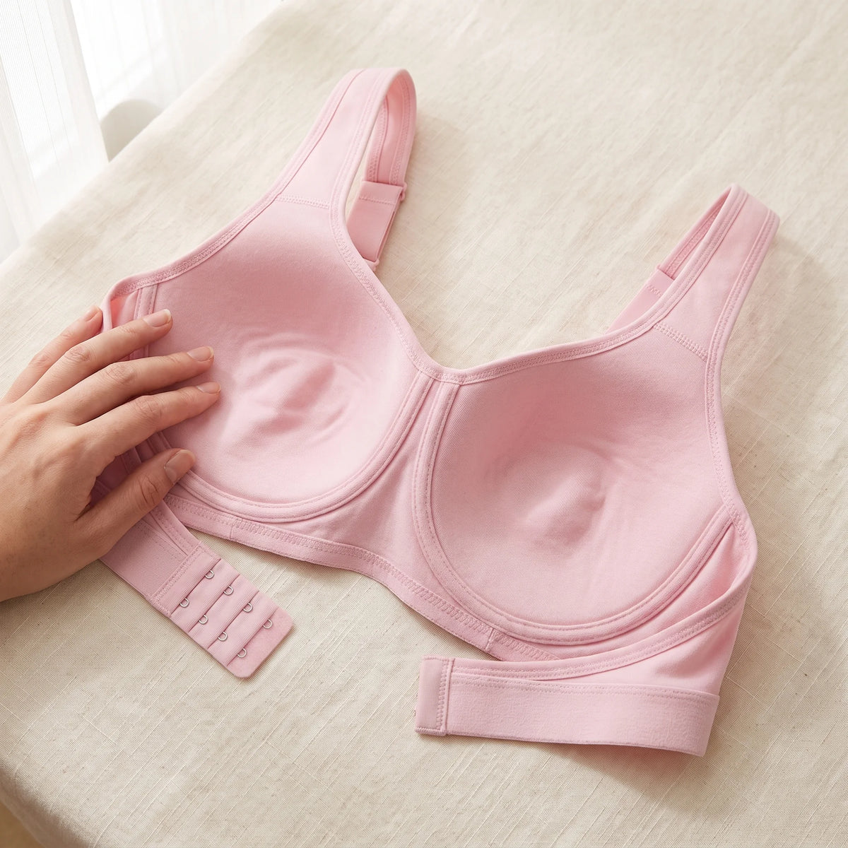 Inside of the Blush pink Kischt Léonie sports bra: soft unpadded double-layer cups with no wire against the skin