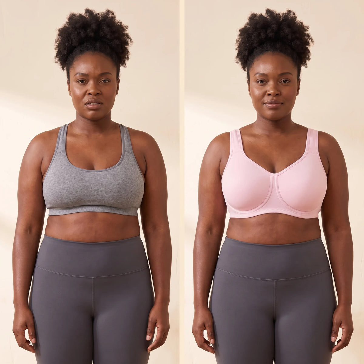 Side-by-side comparison: an ordinary compression sports bra flattening a full bust next to the Blush pink Kischt Léonie sports bra lifting and separating
