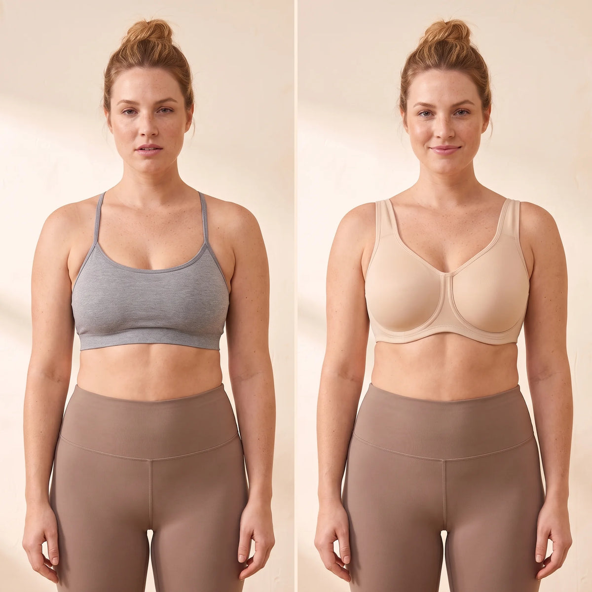 Side-by-side comparison: an ordinary compression sports bra flattening a full bust next to the Crème nude beige Kischt Léonie sports bra lifting and separating
