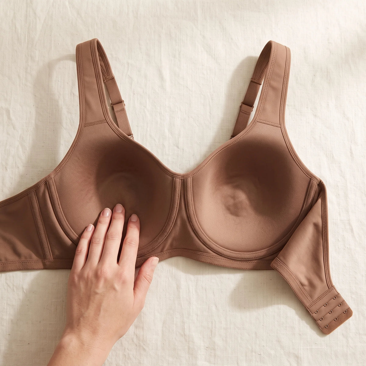 Inside of the Mocha brown Kischt Léonie sports bra: soft unpadded double-layer cups with no wire against the skin