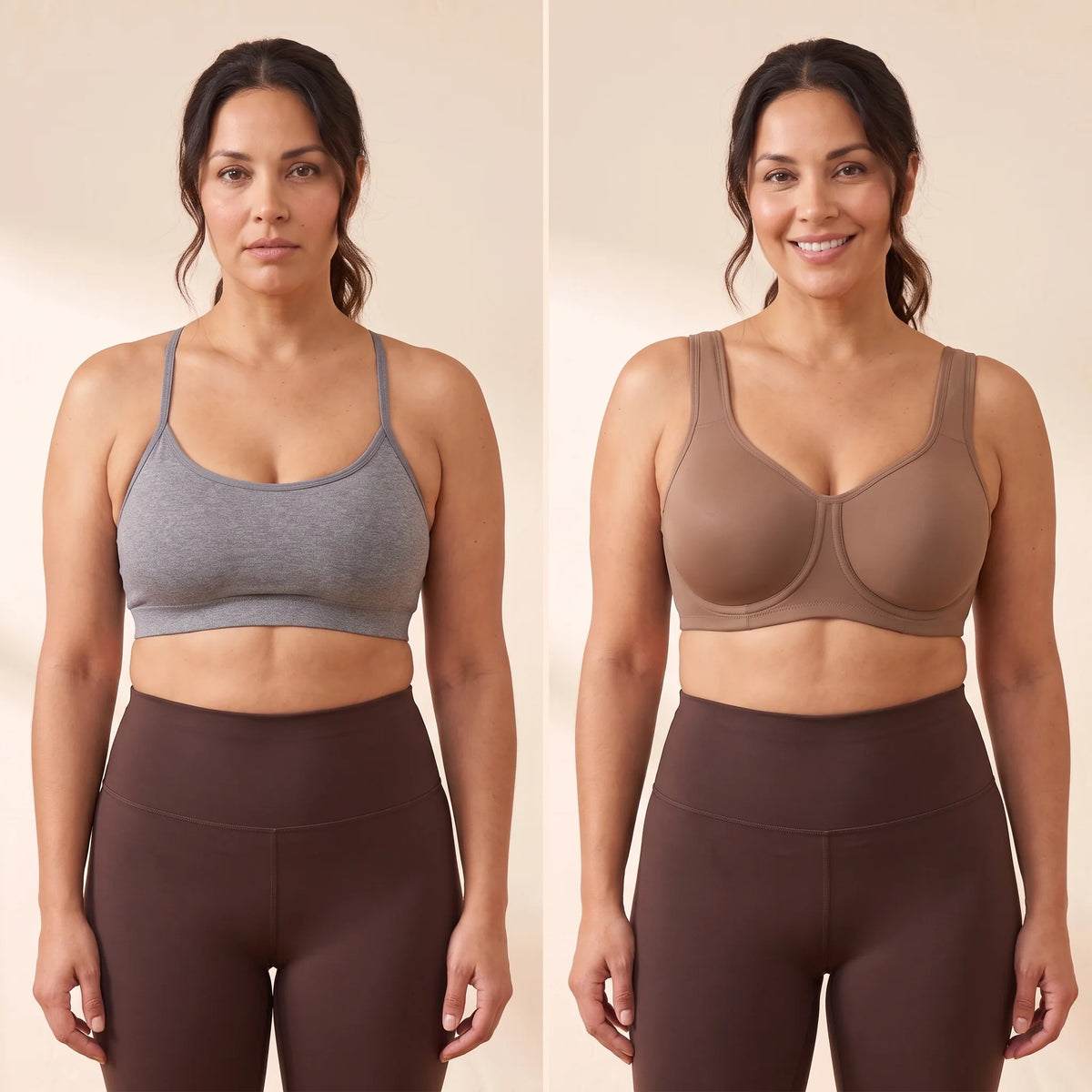 Side-by-side comparison: an ordinary compression sports bra flattening a full bust next to the Mocha brown Kischt Léonie sports bra lifting and separating