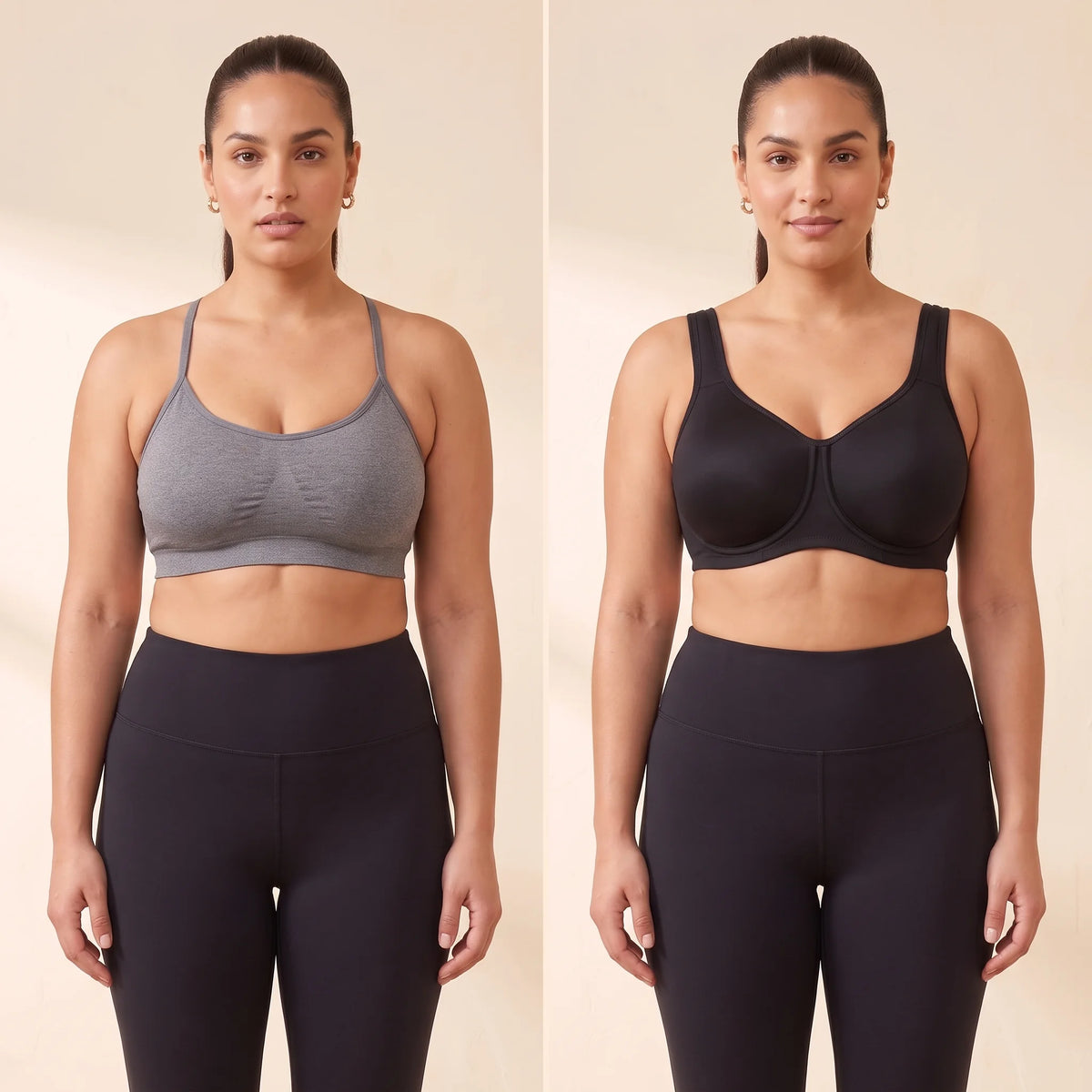Side-by-side comparison: an ordinary compression sports bra flattening a full bust next to the Noir black Kischt Léonie sports bra lifting and separating